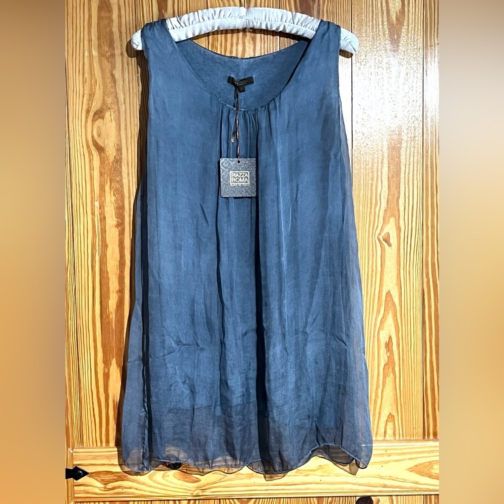 100% Silk Micro Mini / Tunic Top Made in Italy Piazza Roma Dusty Blue - Picture 3 of 14